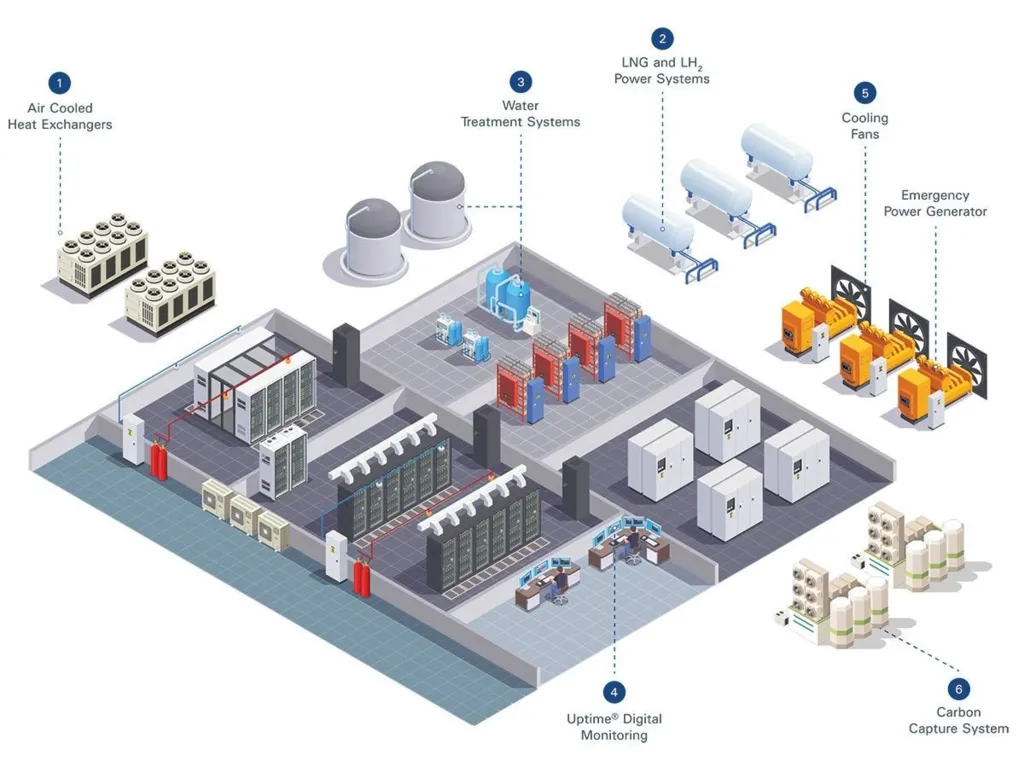 data center thermal management: Isometric diagram of a facility showing systems like heat exchangers, power systems, water treatment, digital monitoring, and carbon capture.