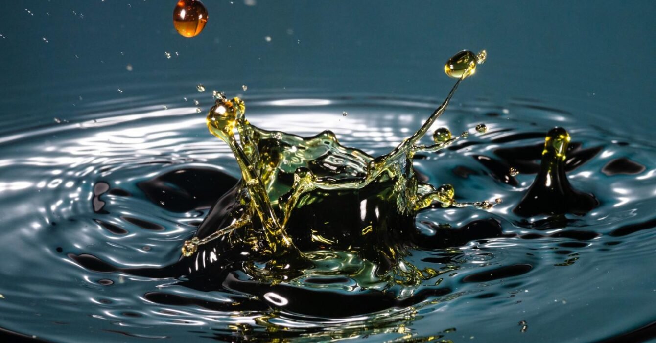 Used oil recycling UAE Saudi: A close-up of colorful liquid droplets splashing and creating ripples on a dark surface, highlighting dynamic motion and reflection.