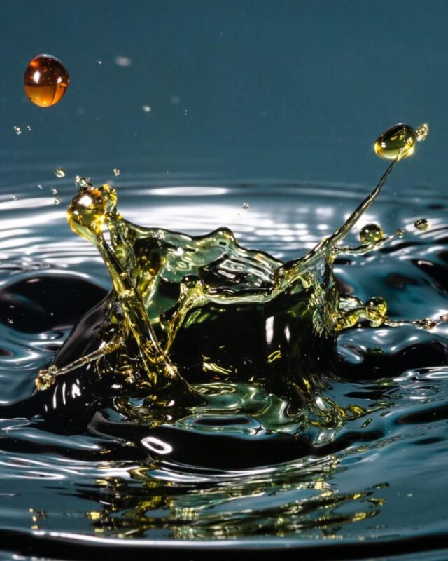 Used oil recycling UAE Saudi: A close-up of colorful liquid droplets splashing and creating ripples on a dark surface, highlighting dynamic motion and reflection.