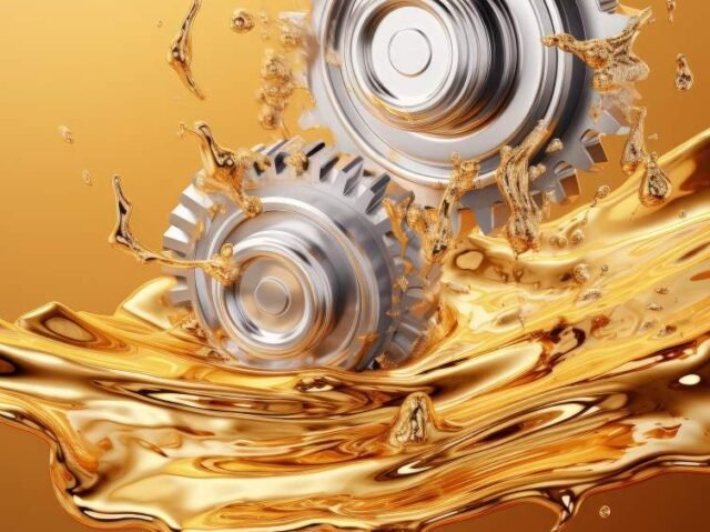 Two metallic gears splash in a pool of golden liquid, set against a soft golden background, creating a dynamic and vibrant scene.