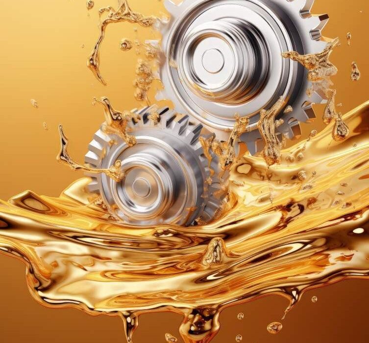 Two metallic gears splash in a pool of golden liquid, set against a soft golden background, creating a dynamic and vibrant scene.