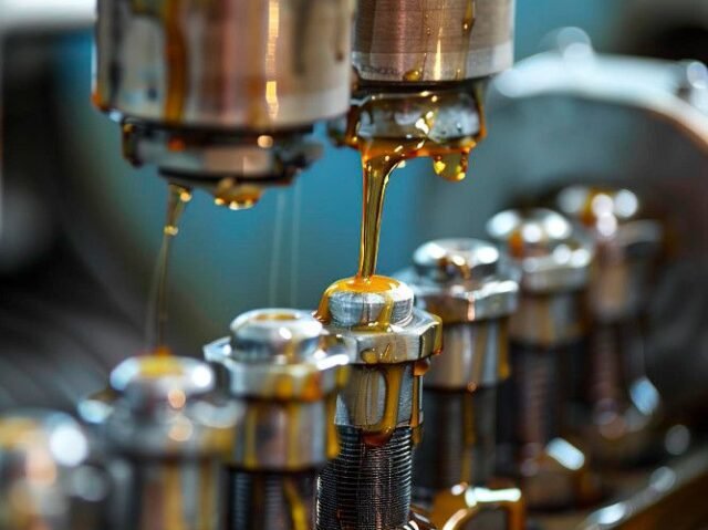 Close-up of machinery dispensing amber oil onto metal bolts, highlighting the details of industrial components in a mechanical setting.
