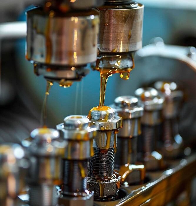 Close-up of machinery dispensing amber oil onto metal bolts, highlighting the details of industrial components in a mechanical setting.