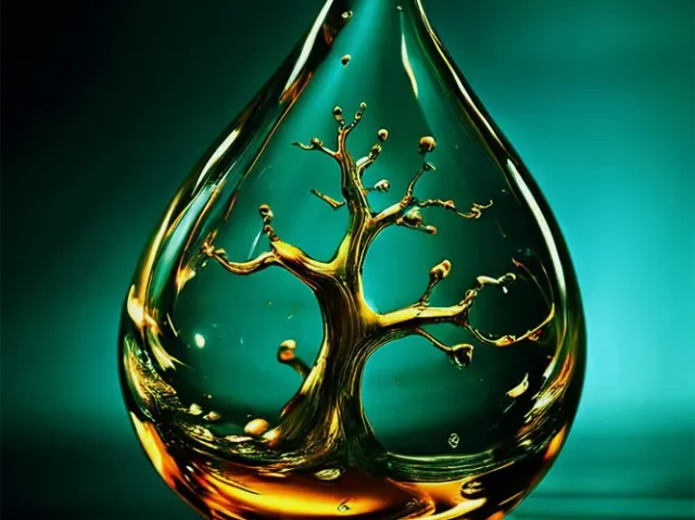 A golden tree enclosed within a clear oil droplet rests on a teal-tinted surface, evoking tranquility and wonder with its intricate, luminous design.