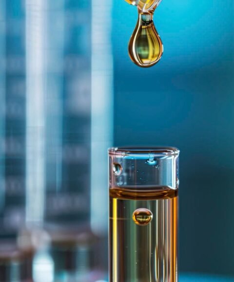A droplet of golden oil liquid falls from a pipette into a test tube filled with the same liquid. The blue background suggests a laboratory setting.