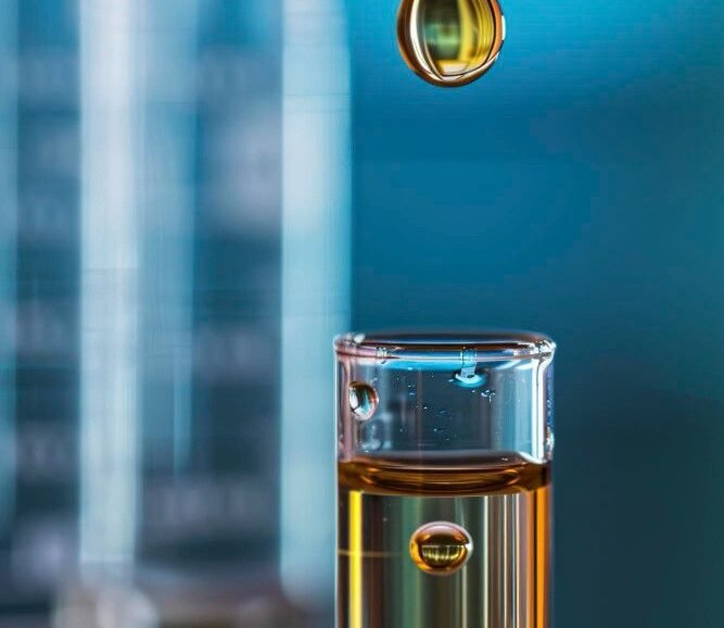 A droplet of golden oil liquid falls from a pipette into a test tube filled with the same liquid. The blue background suggests a laboratory setting.
