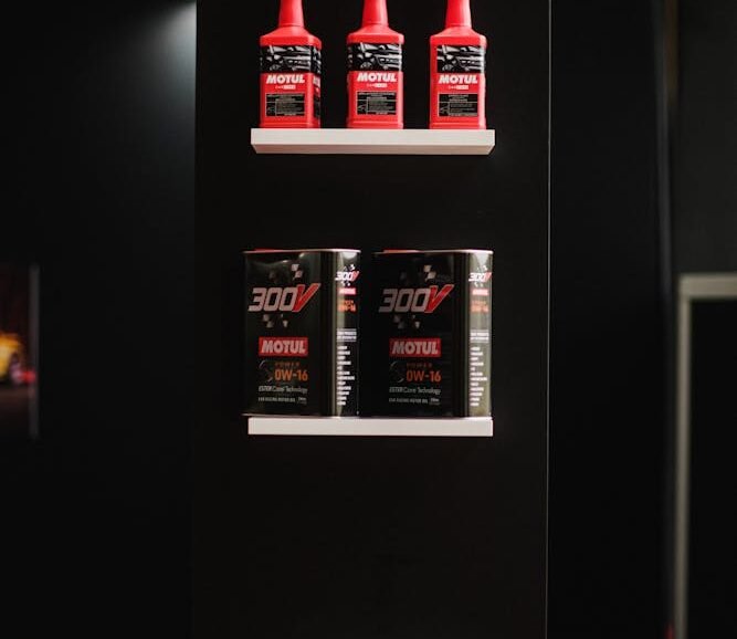 pexels-matreding-9381058 Black portfolio display with red Motul spray bottles on top shelf and two 300V cans on middle shelf. Minimalist design conveys sleek, professional feel.